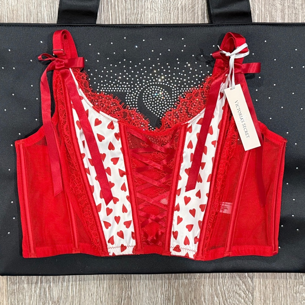 Victoria's Secret Dream Angels Satin&Lace Corset Bustier Bra Top Hearts XL NWT